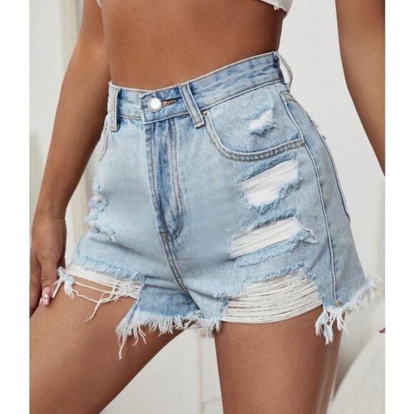 SHEIN Distressed Ripped Denim Shorts Women’s Medium High Rise 2” Inseam Size 6 - Picture 1 of 7